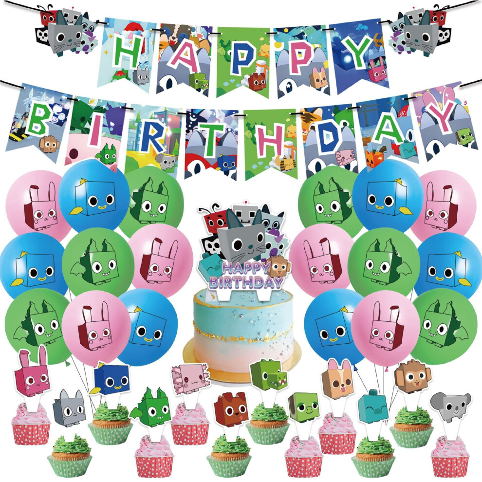 Roblox Pet Simulator Birthday Party Decoration Set – Banner, Pull Flags & Balloons for Kids' Party, Plastic & Paper