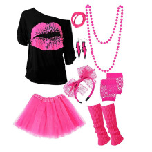 (Rose red, XXXL) 80s 90s Outfit Women, T-shirt, Leg Warmer, Dress, Earring, Bracelet,gloves