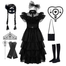 (Dress kit, 160cm) Wednesday Addams Dress Cosplay Costume Kids Girls Party Black Dresses Wednesday Necklace Mask Wig