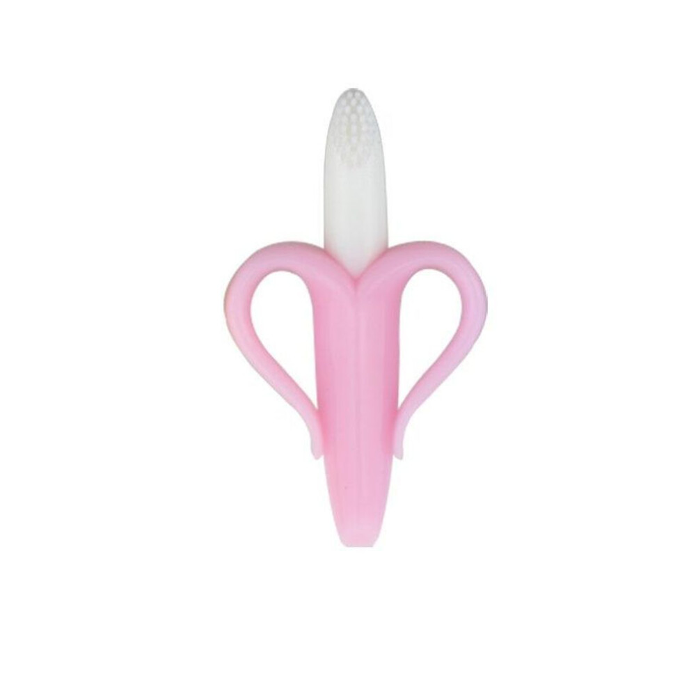 (pink) Baby Silicone Training Toothbrush Bpa Free Banana Shape Safe Toddle Teether Chew Toys Teething Ring Gift For Infant Baby Chewing