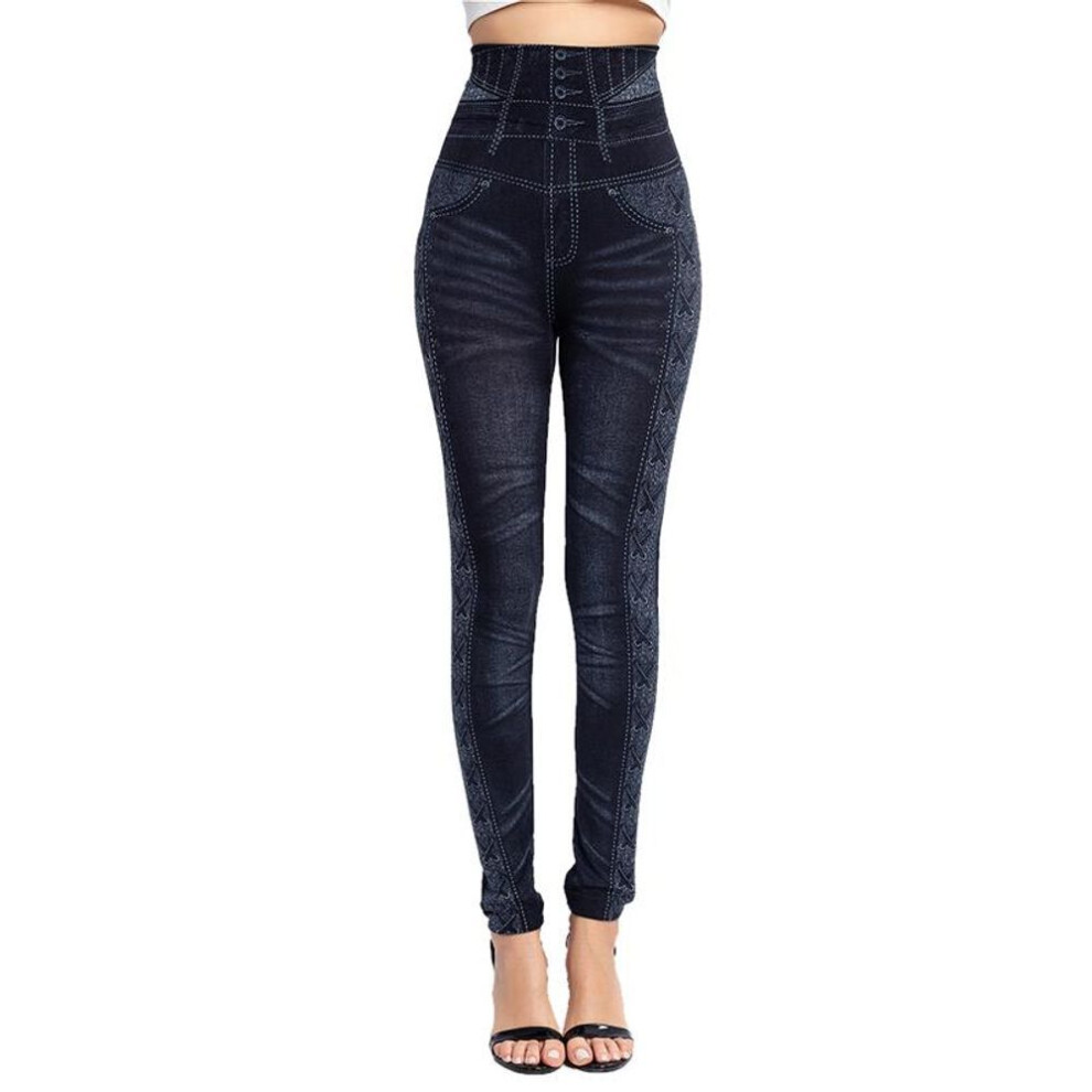 (black, L) Women Leggings Fashion Imitation Jeans Denim Printing Jegging Slim Fitness Elastic Seamless Leggings For Women