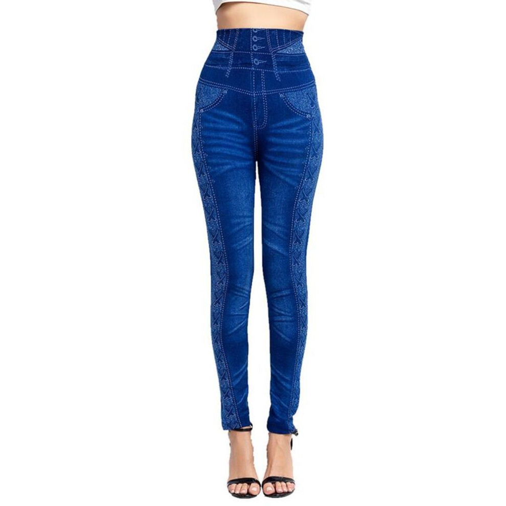 (blue, M) Women Leggings Fashion Imitation Jeans Denim Printing Jegging Slim Fitness Elastic Seamless Leggings For Women