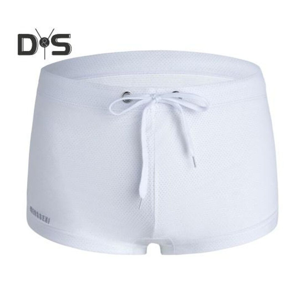 (white, S) Summer Men Swim Shorts Low-rise Solid Color Beach Tight Swimming Trunks With Waist Tie Swimsuit Sports Surf Shorts Trunks
