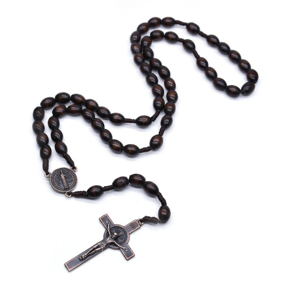 (1PCS) Saint Benedict Rosary Necklace Cross Catholic Brown Wooden Cross Necklace Christ Prayer Beads