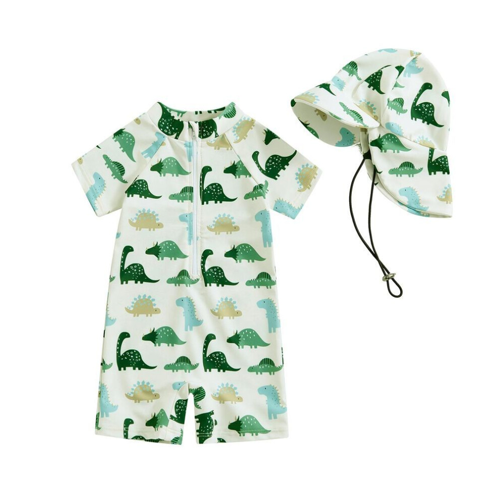 (green, 6-12 Months) Toddler Boys Swimsuit 3 6 12 Months  2 3 Years Sun Protection Short Sleeve Crewneck Animal Print Zipper Swimwear With Hat