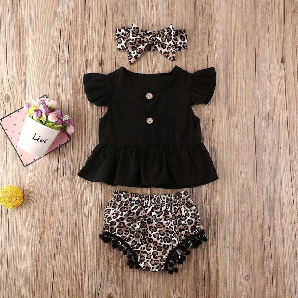 (brown, 70) Kids Girl Sleeveless Shorts Suits Girl Ruffles Sets & Headband Leopard 3 Piece Sets For Girl Black Top And Shorts Suits