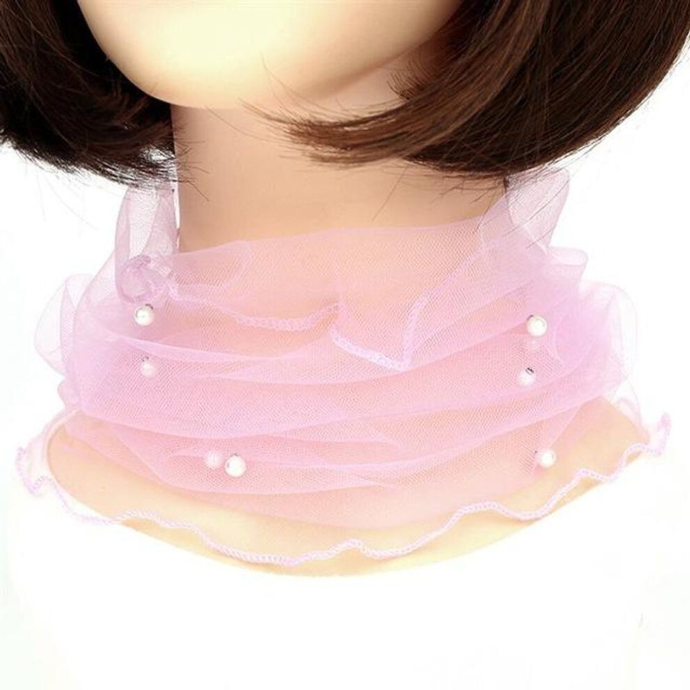 (pink) 1pc Elegant Transparent Women Ladies Scarf Fake Pearl Decor Mesh Necklace Scarf Circle Scarf For Autumn Clothing Accessories