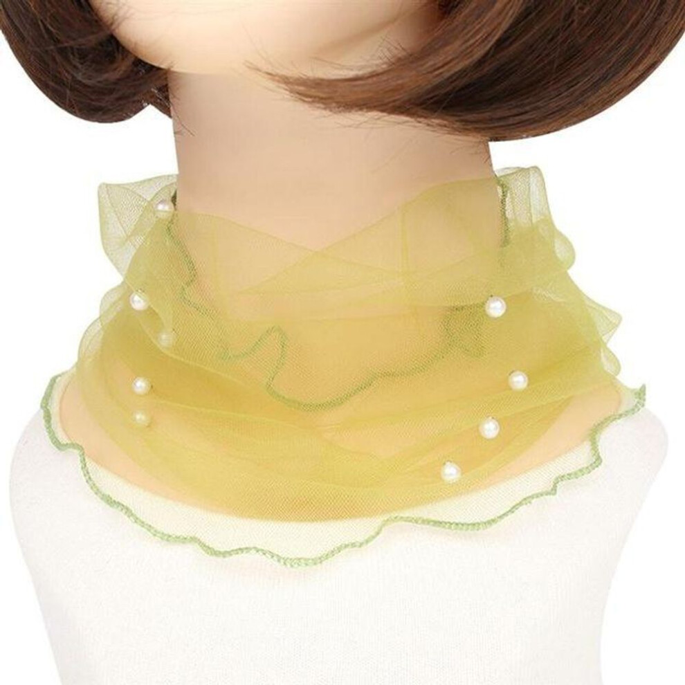 (yellow) 1pc Elegant Transparent Women Ladies Scarf Fake Pearl Decor Mesh Necklace Scarf Circle Scarf For Autumn Clothing Accessories