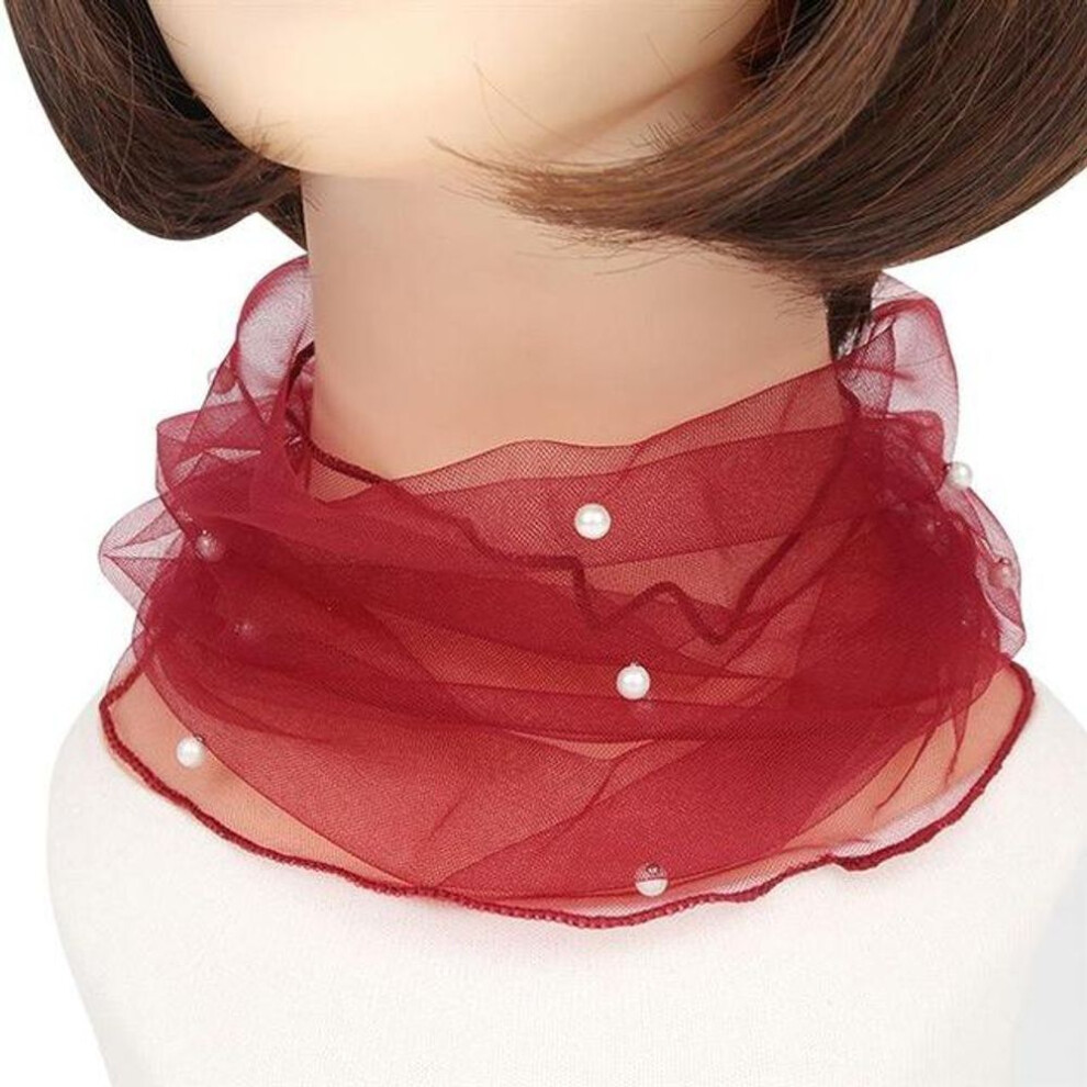 (red) 1pc Elegant Transparent Women Ladies Scarf Fake Pearl Decor Mesh Necklace Scarf Circle Scarf For Autumn Clothing Accessories