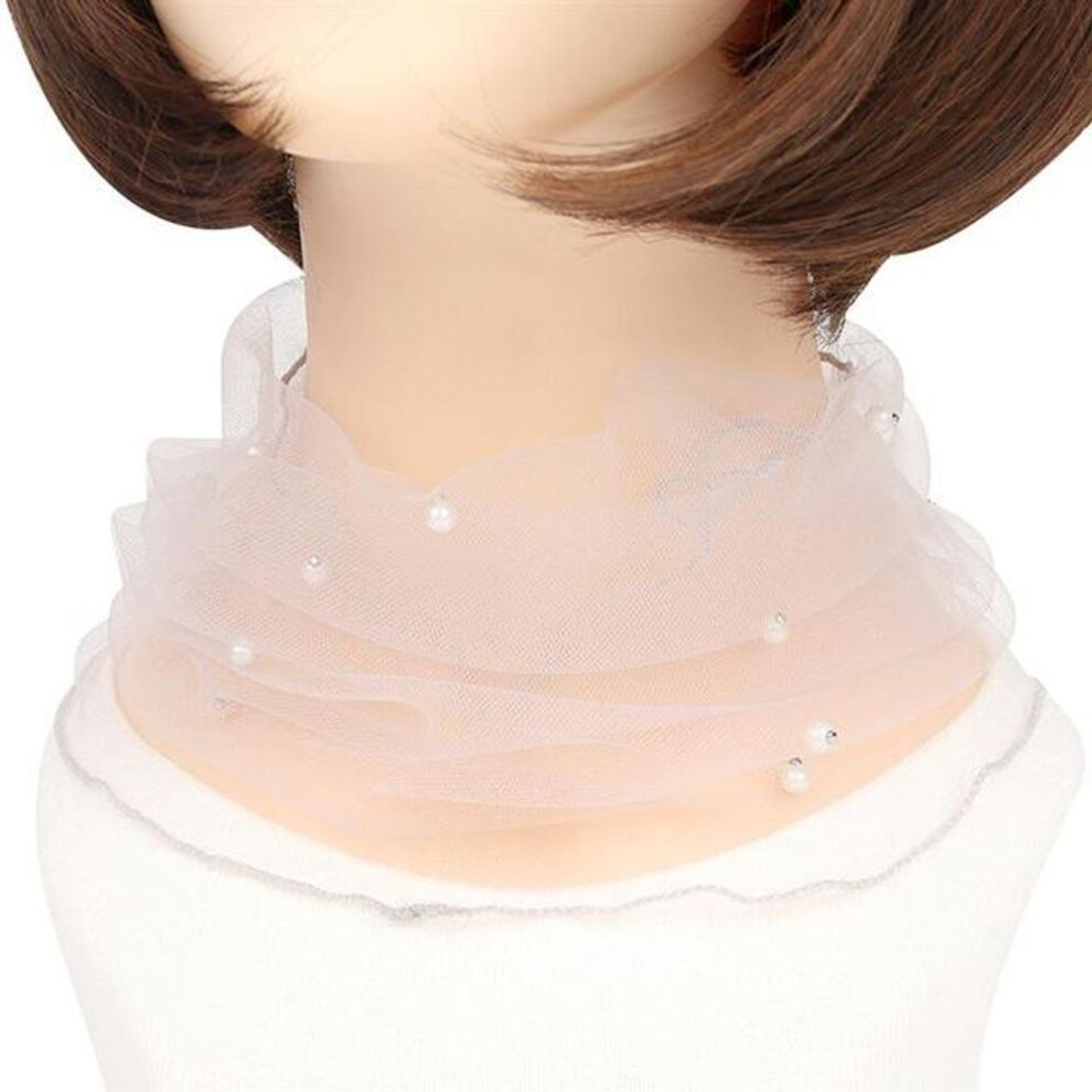 (white) 1pc Elegant Transparent Women Ladies Scarf Fake Pearl Decor Mesh Necklace Scarf Circle Scarf For Autumn Clothing Accessories