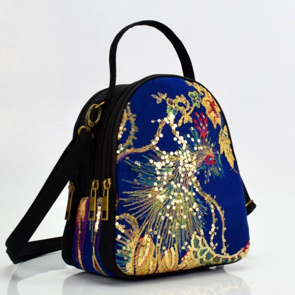 (blue) Shiny Sequins Peacock Embroidered Women Canvas Tote Bag  Vintage Zipper Shoulder Bag