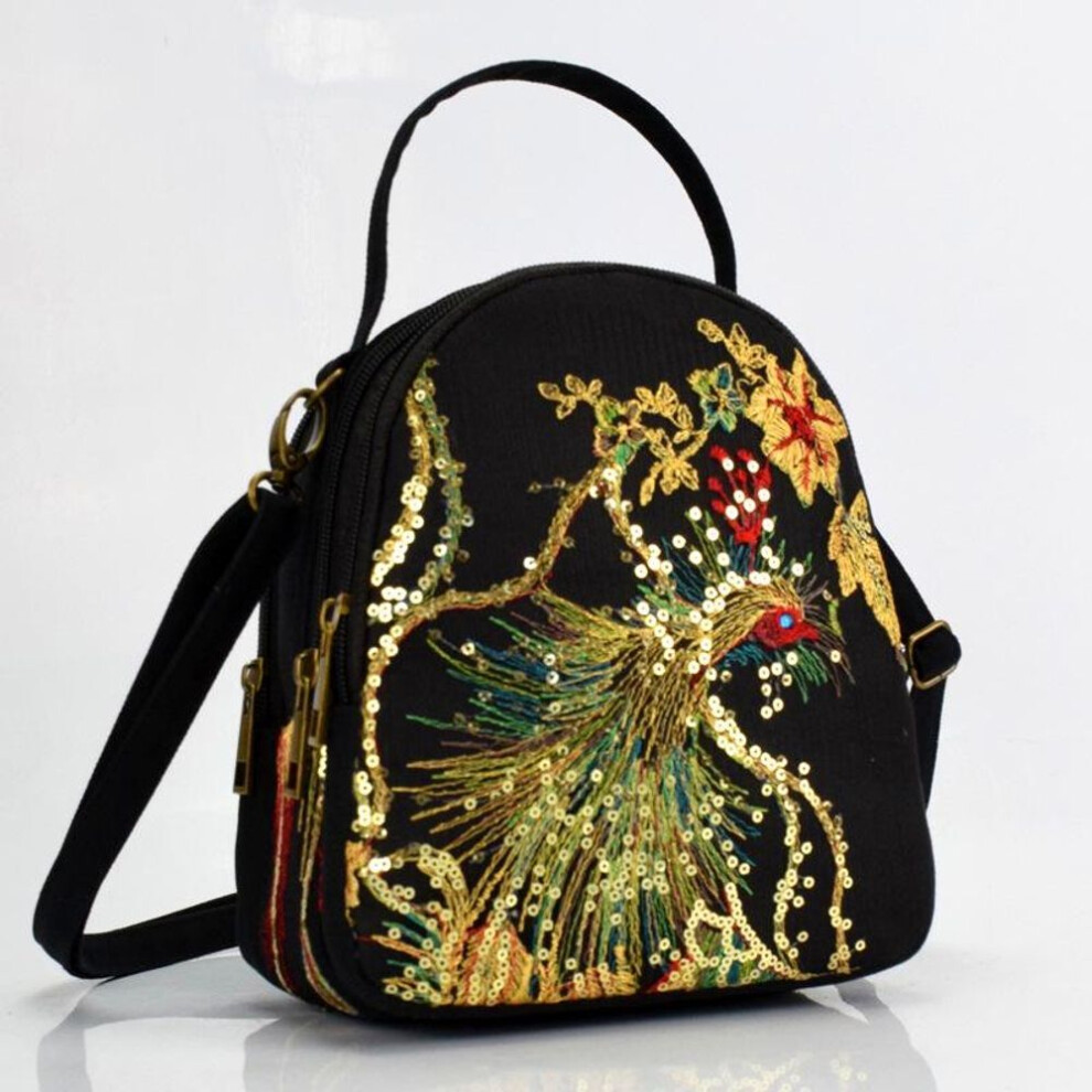 (black) Shiny Sequins Peacock Embroidered Women Canvas Tote Bag  Vintage Zipper Shoulder Bag