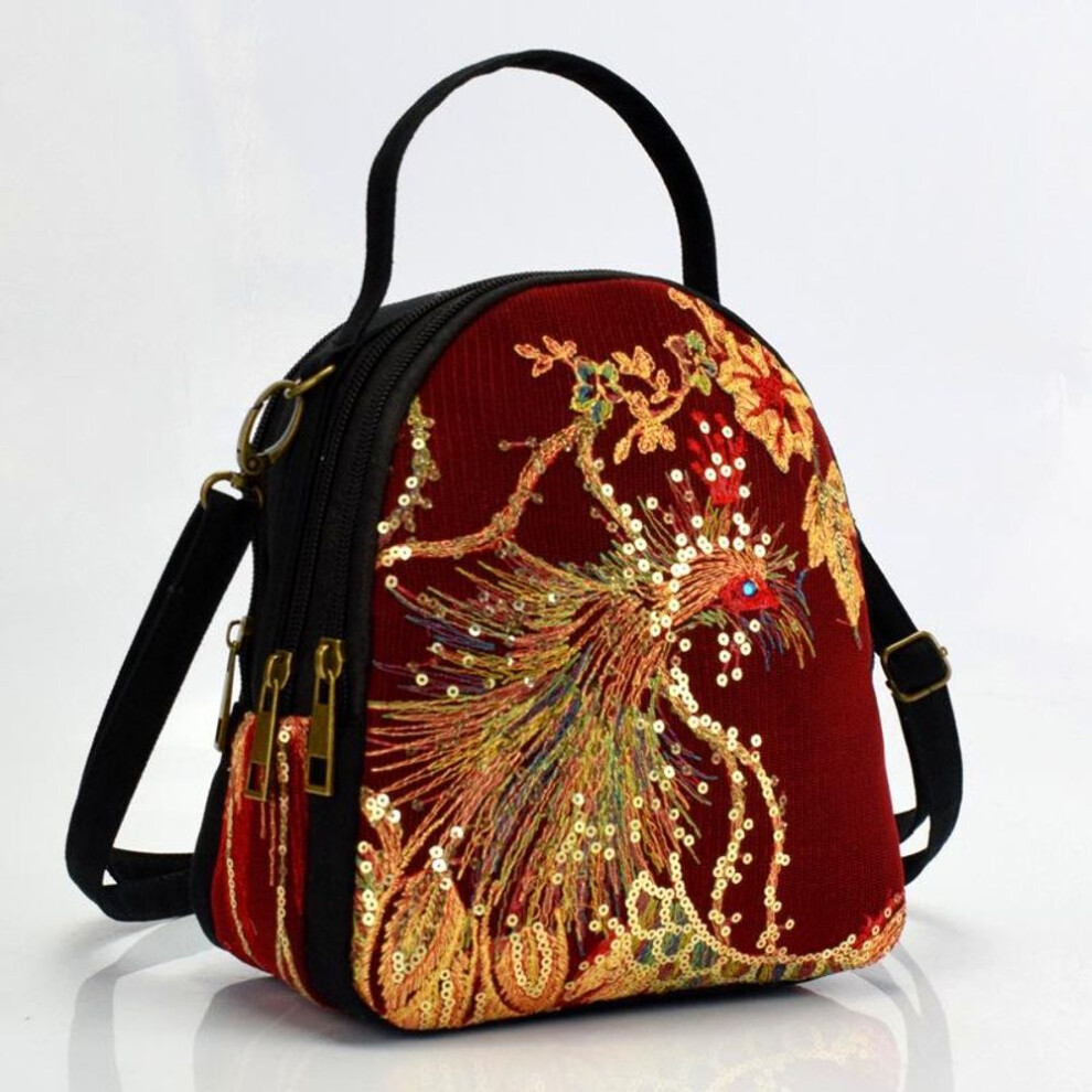 (wine red) Shiny Sequins Peacock Embroidered Women Canvas Tote Bag  Vintage Zipper Shoulder Bag