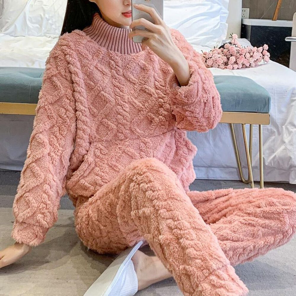 (pink, L) Women Solid Warm 2 Piece Sets Thicken Velvet Ribbed Fleece Set Pullover And Pants Women Casual Pajama Sets