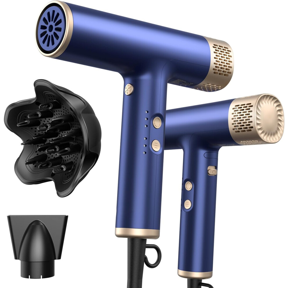 (Bule gold) 200 Million Ionic Blow Dryer with 110, 000 RPM High-Speed No Heat Damage Intelligent Thermo-Control Low Noise - Blue