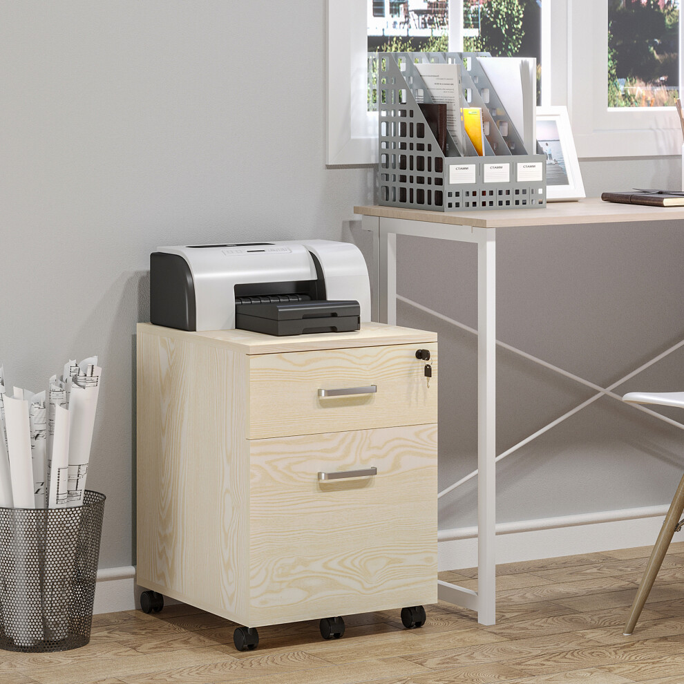 Vinsetto 2-Drawer Locking Office Filing Cabinet 5 Wheels Rolling Storage Oak