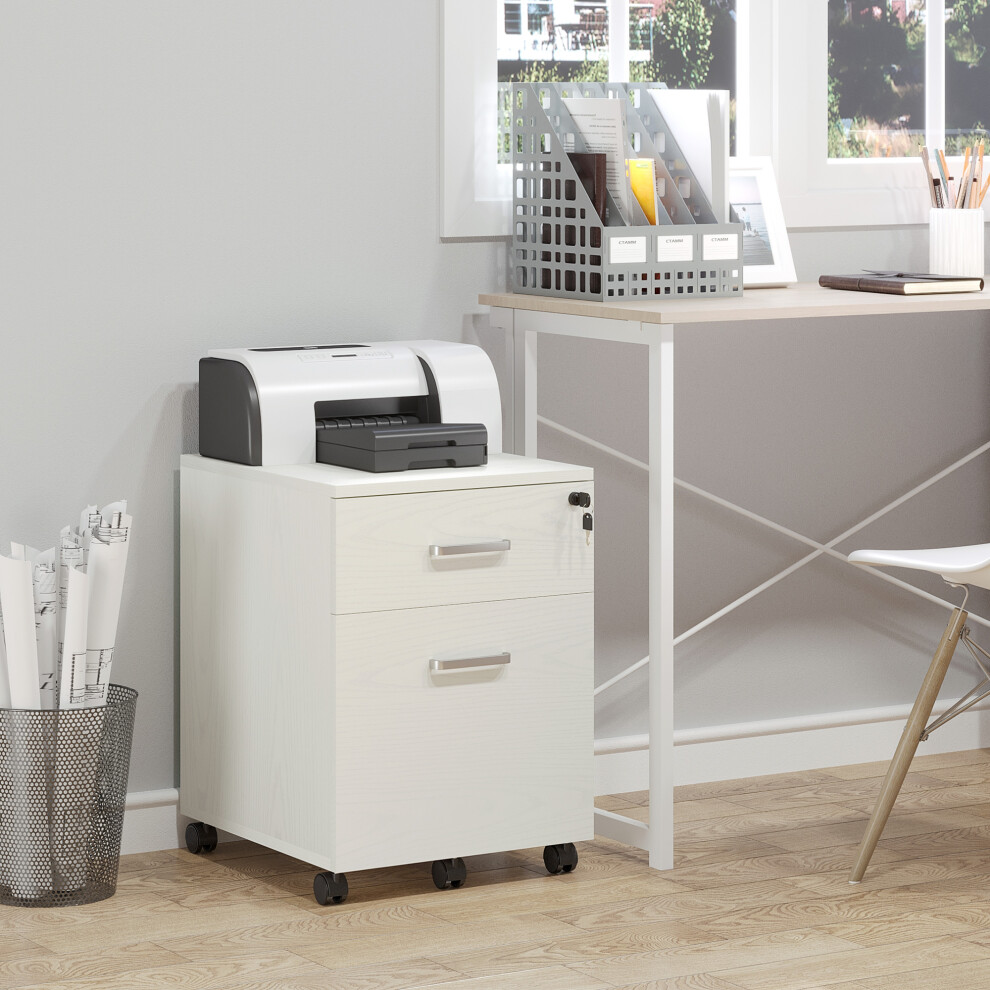 Rackhams White 2-Drawer Locking Office Filing Cabinet 5 Wheels Rolling Storage Oak - Image 3
