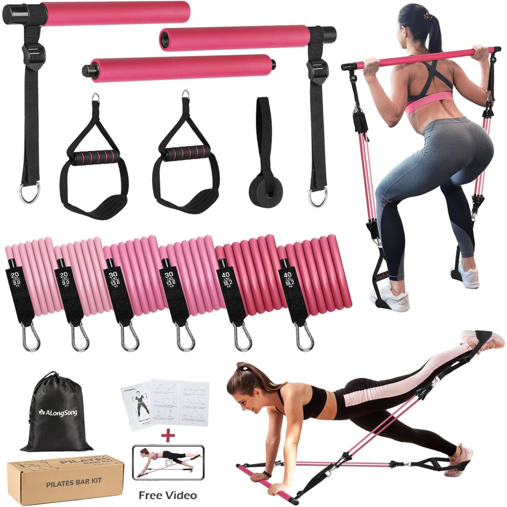 (20-180LBS, Pink 20-180LBS) Pilates Bar Set With 6 Latex Elastic Resistance Bands 20-180LBS or 30-240LBS & Door Anchor Pilates Equipment For Home Gym Workout Fitness Equipment