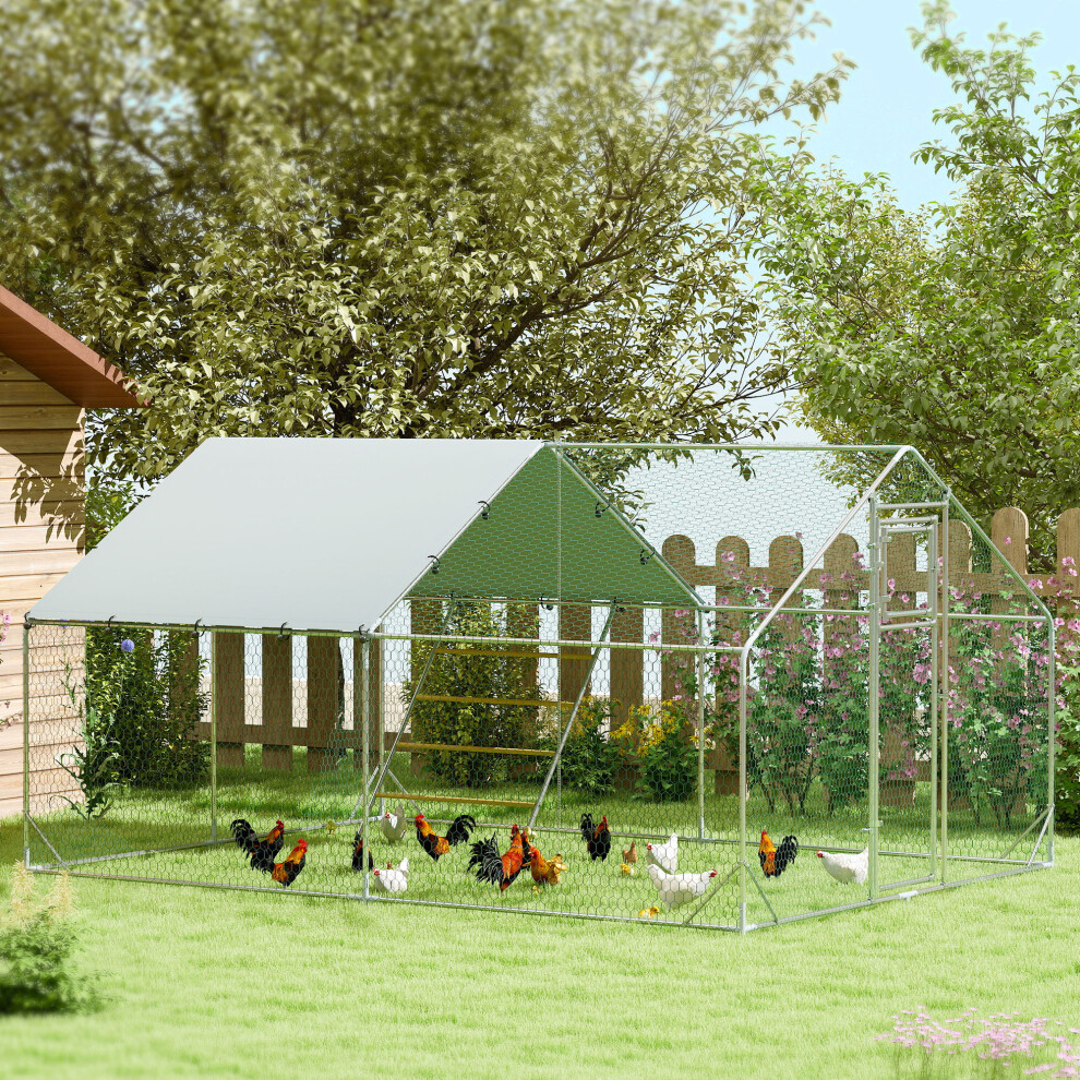 Pawhut Walk-In Chicken Run W/ Cove Hanging Feeder, Perch For 12-18 Poultry