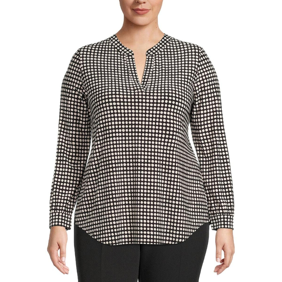 Anne Klein Women's Plus Size Printed ITY Split Neck Tunic  Black  1X