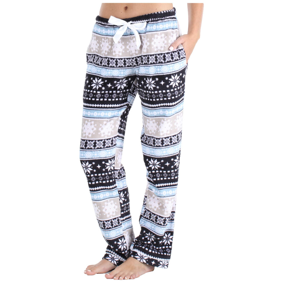 PajamaMania Womens Fleece Pajama Pants with Satin Drawstring, charcoal Fair Isle, Small