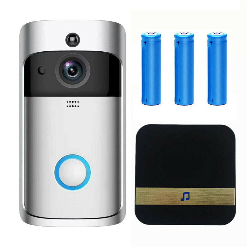 (Siliver Doorbell+Ring Chime+3x2600mAh Batteries) Smart Phone Wireless WiFi Video Doorbell Wireless