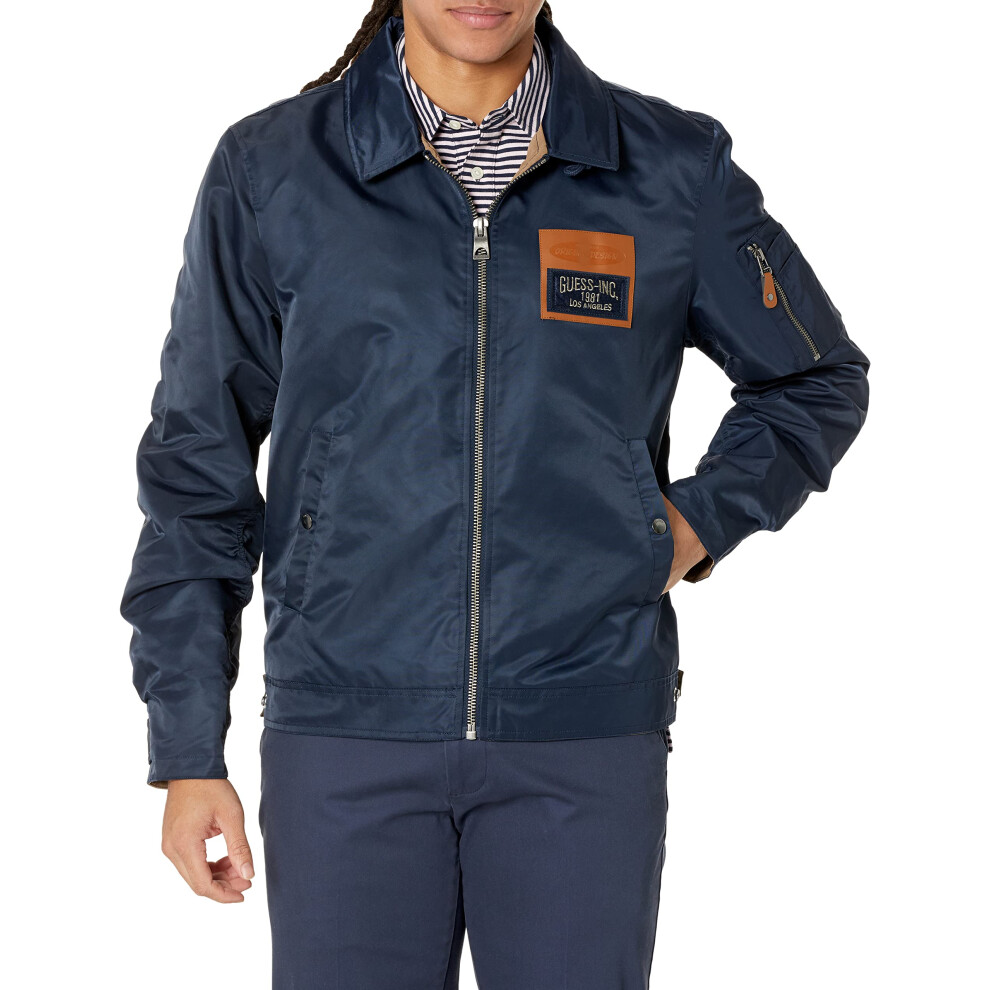 GUESS Men's Ace Satin Powers Bomber Jacket  Powerberry