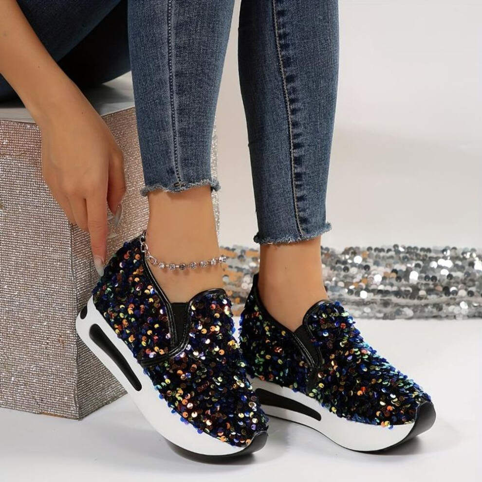 (persian blue, 36) 36-44 Women&apos;s Sequins Platform Sneakers - Casual Low Top Slip On Wedge Sports Shoes For Music Festival - Fashion Walking Trainers