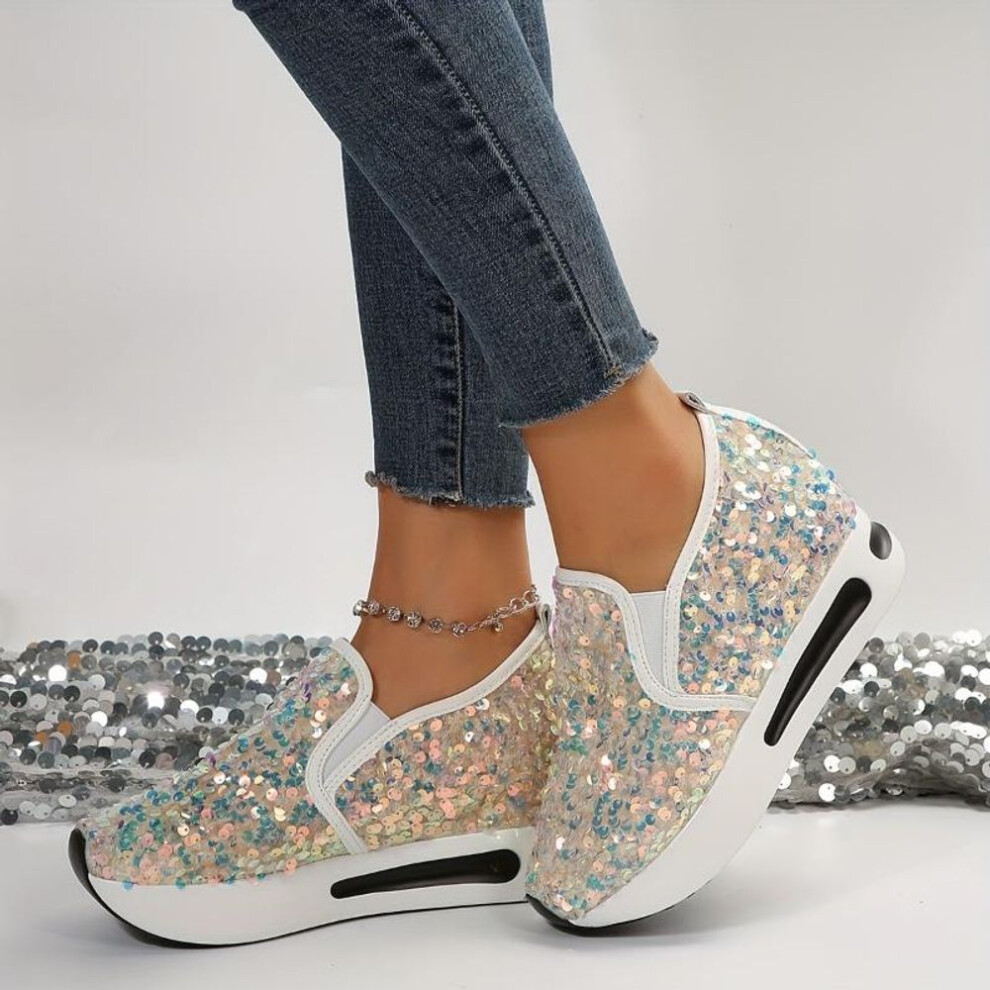 (chrome yellow, 39) 36-44 Women&apos;s Sequins Platform Sneakers - Casual Low Top Slip On Wedge Sports Shoes For Music Festival - Fashion Walking Trainers