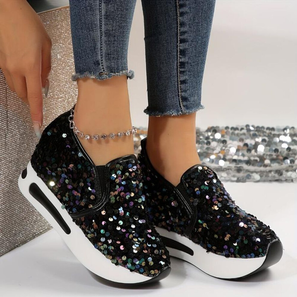 (office green, 40) 36-44 Women&apos;s Sequins Platform Sneakers - Casual Low Top Slip On Wedge Sports Shoes for Music Festival - Fashion Walking Trainers