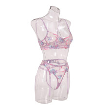 (M)See Through Bra G-String Embroidery Lingerie Three-Point Suit with Garter Belt