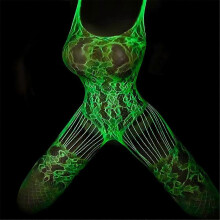 (C)Women Luminous Fishnet Bodysuit, Glow in the Dark Super Stretchy Tights Hollow Out Lingerie Nightwear