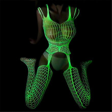 (B)Women Luminous Fishnet Bodysuit, Glow in the Dark Super Stretchy Tights Hollow Out Lingerie Nightwear