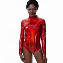 (S,red)Leather Bodysuit Nightclub Women Sexy Lingerie Long Sleeve Zipper Jumpsuit