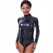 (S,black)Leather Bodysuit Nightclub Women Sexy Lingerie Long Sleeve Zipper Jumpsuit