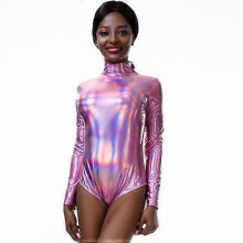 (L,pink)Leather Bodysuit Nightclub Women Sexy Lingerie Long Sleeve Zipper Jumpsuit