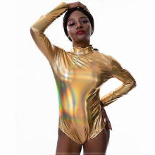 (L,gold)Leather Bodysuit Nightclub Women Sexy Lingerie Long Sleeve Zipper Jumpsuit