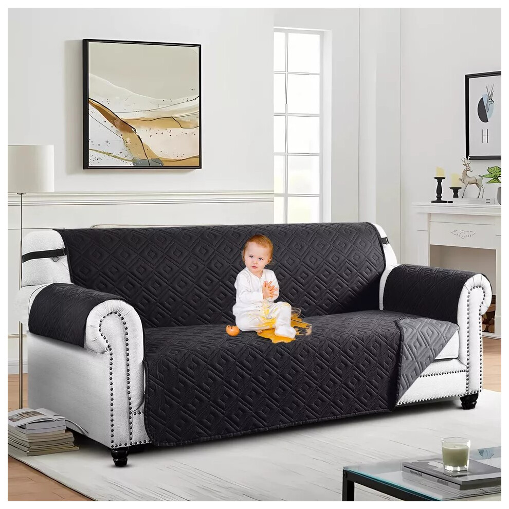 (Black Dark Grey, 3 Seater Sofa Cover) Reversible Quilted Waterproof Sofa Cover Recliner Chair & Pet Cover