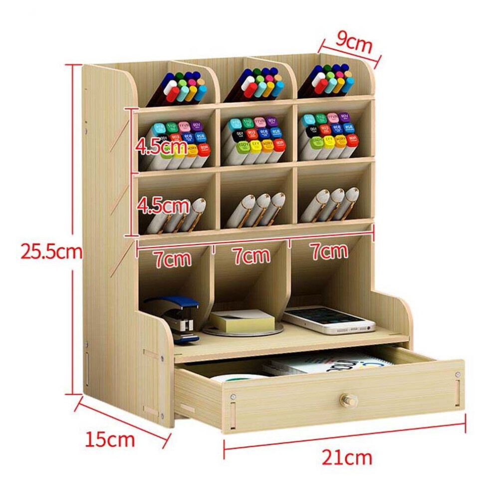 (beige, 15cm) Pen Holder Wooden Storage Box Large Capacity Creative Fashion Multi-compartmental Pen Holder Office Desktop Storage Shelf
