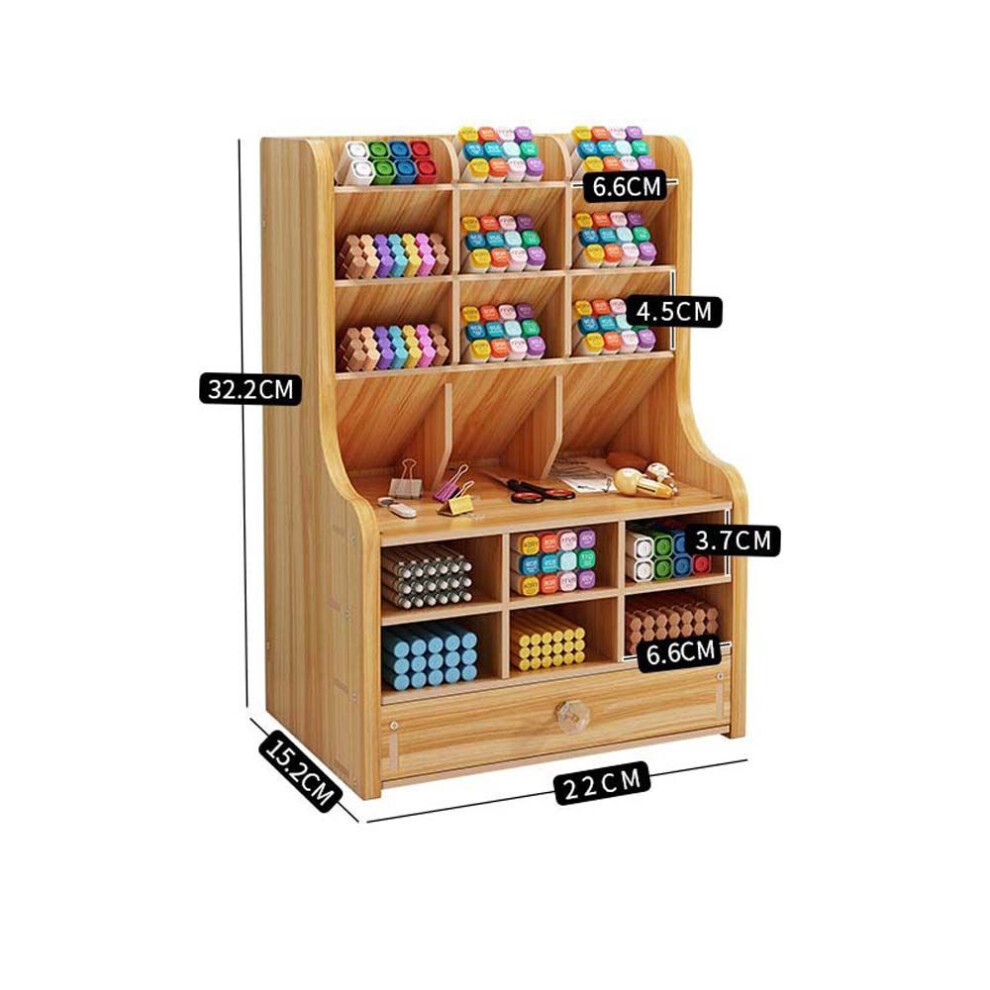 (dark yellow, 15.2cm) Pen Holder Wooden Storage Box Large Capacity Creative Fashion Multi-compartmental Pen Holder Office Desktop Storage Shelf