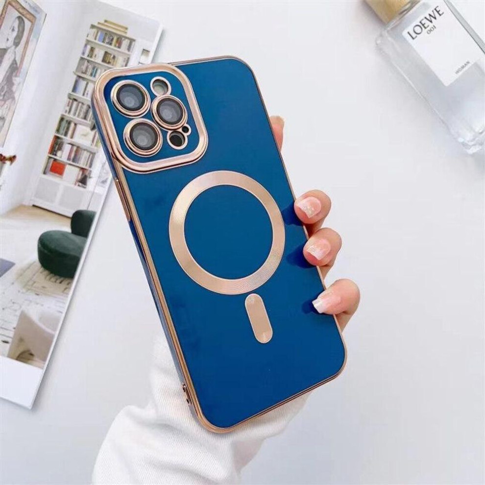 (navy blue, iPhone 14 Plus) For iPhone 16 Pro Max Luxury Magnetic Square Plating Frame Phone Case For iPhone 11 12 13 14 15 Plus Lens Protective Cover