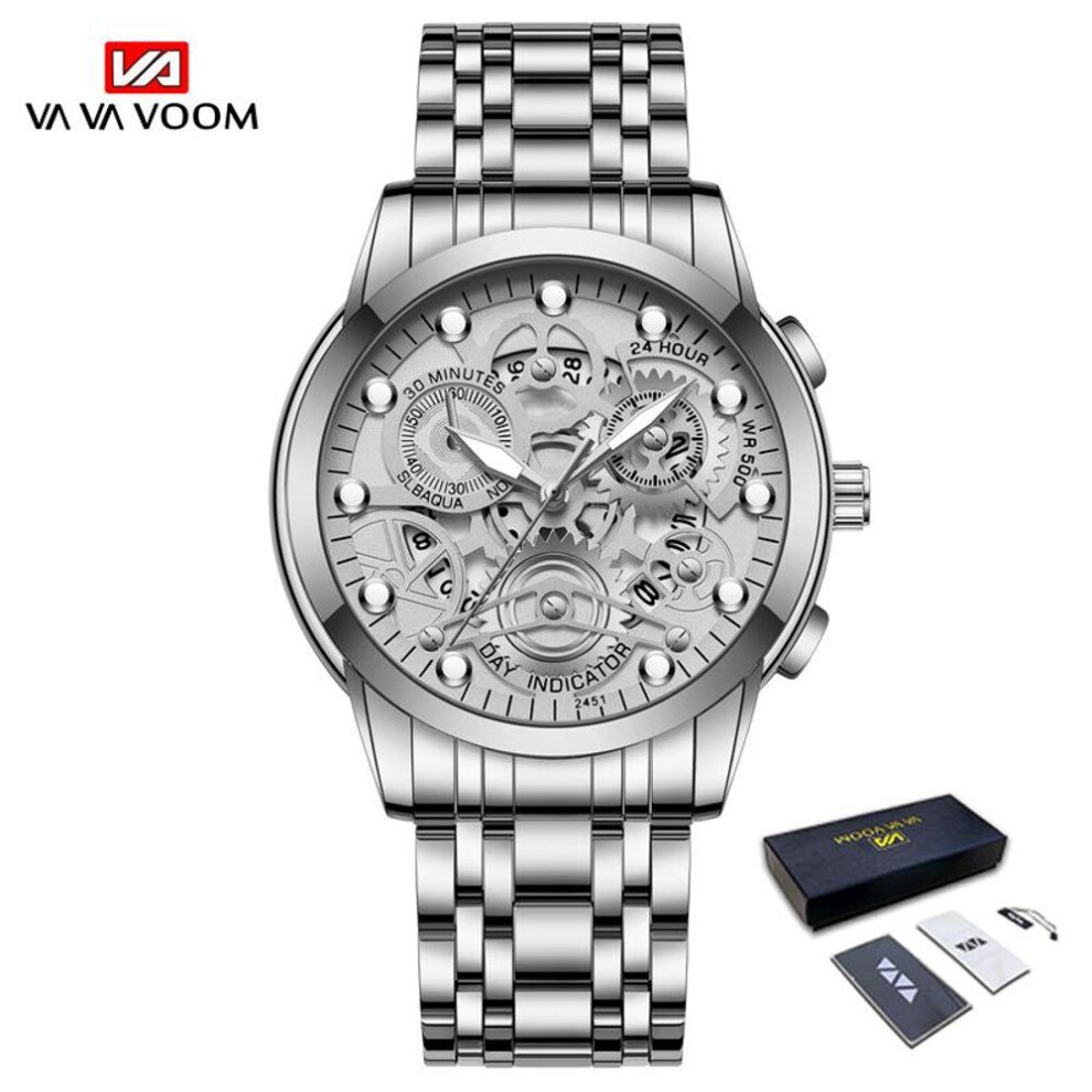 (silver, With Packaging) Va Va Voom Luminous Quartz Watches Skeleton Fashion Watch Male Female Quartz Clock Stainless Steel Calendar Waterproof Watches Wristwatch Gift