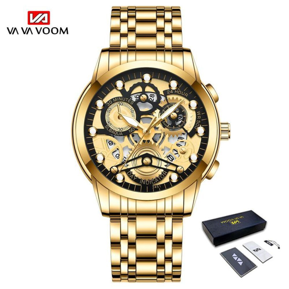 (gold,black, With Packaging) Va Va Voom Luminous Quartz Watches Skeleton Fashion Watch Male Female Quartz Clock Stainless Steel Calendar Waterproof Watches Wristwatch Gift