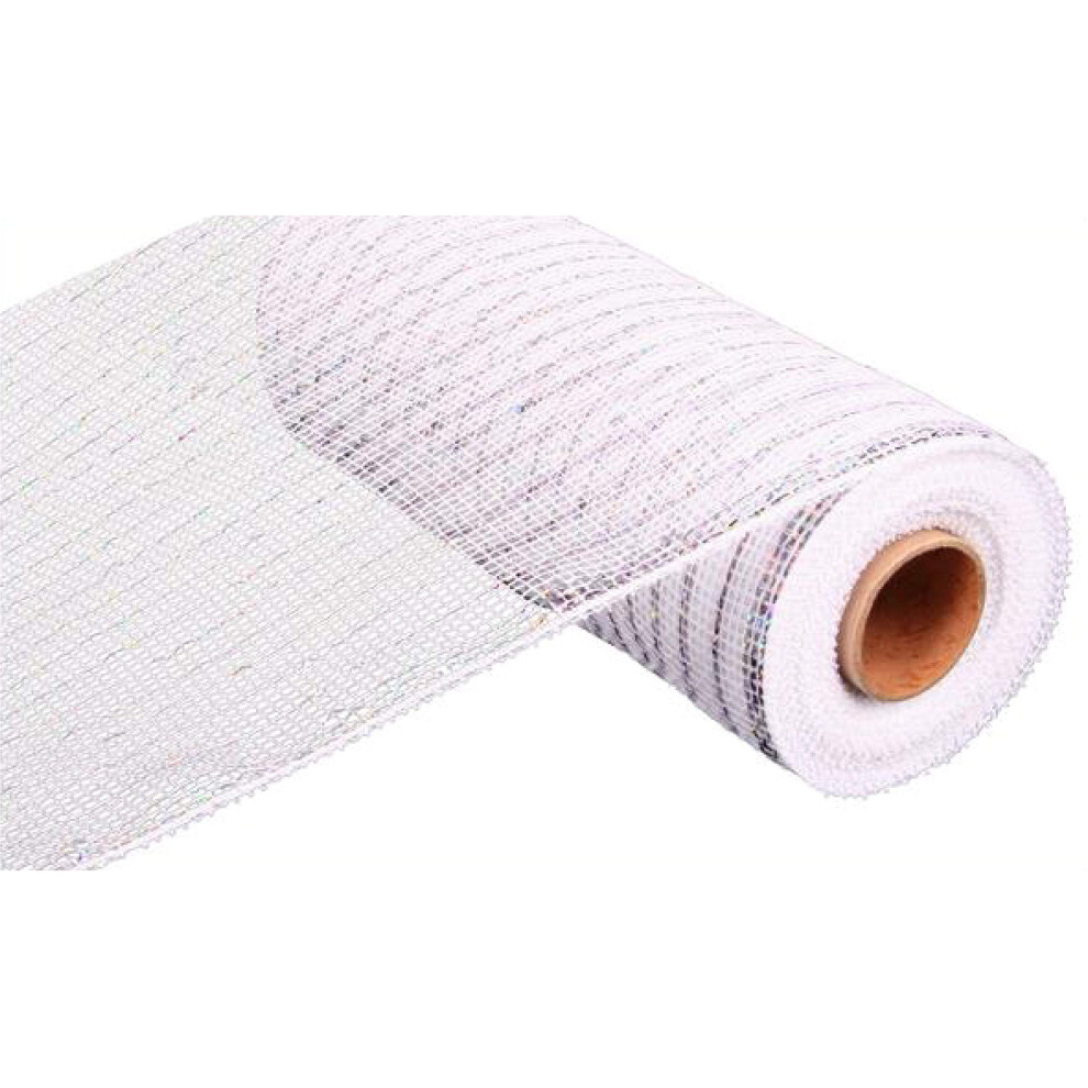 Ruban en maille polyester Deco 10 pouces x 30 pieds - Blanc avec feuille d'argent : RE1