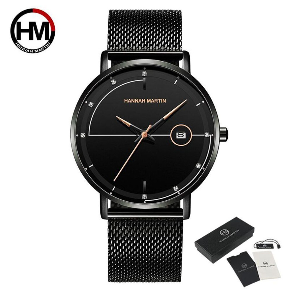 (rose gold) Hannah Martin Men Watch Date Top Brand Luxury Japan Movement Quartz Casual Sport Steel Ultra Thin Waterproof Watch Relogio Masculino