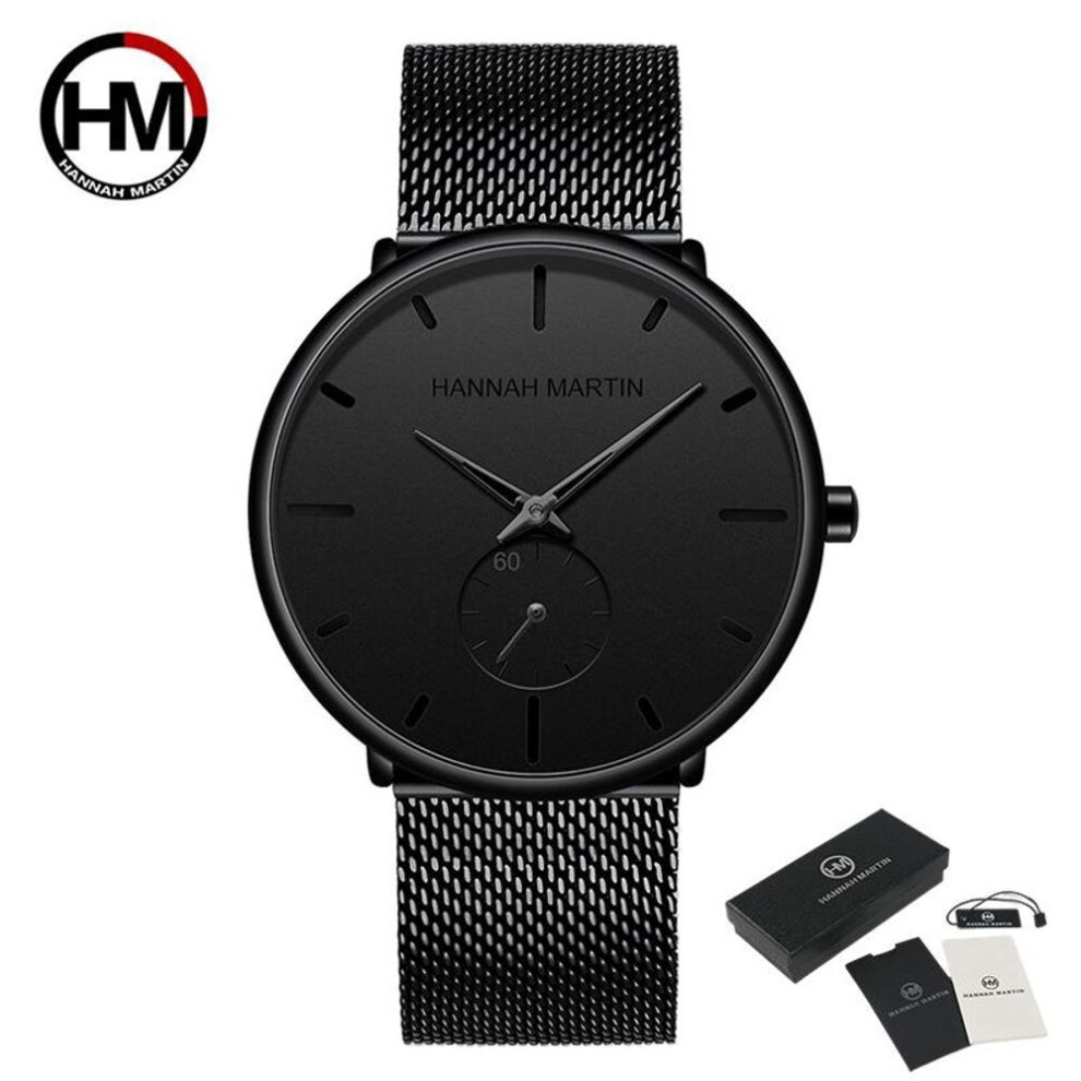 (black) Hannah Martin Mens Watch Black Ultra Thin Wrist Watches For Men Fashion Waterproof Dress Stainless Steel Band Luxury Quartz Wrist Watch