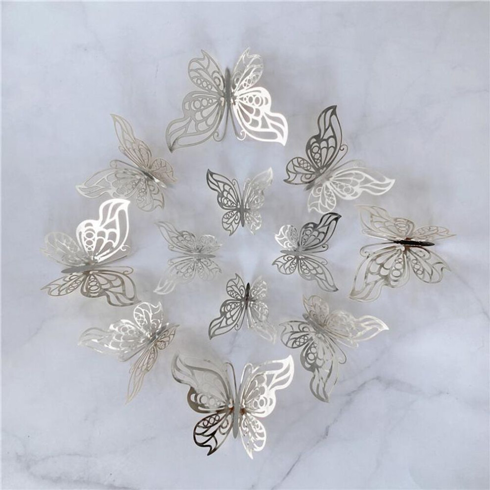 (silver) 12pcs/set 3D Hollow Butterfly Wall Sticker Diy Wedding Decoration Living Room Home Decor Butterflies Decal Stickers