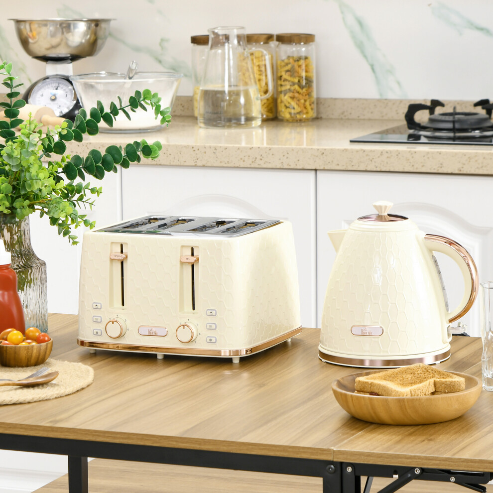 Homcom 1.7L Kettle & 4-Slice Toaster Set - 7 Browning Levels, Defrost & Reheat, Crumb Tray, Beige