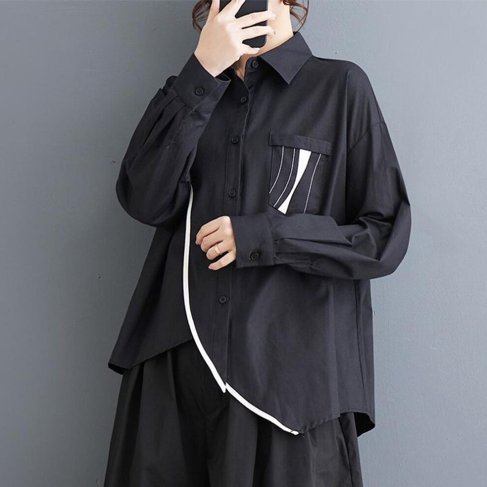 (black, One Size) DIMANAF Women 2024 Plus Size Spring Summer New Shirt Oversized Long Sleeve Loose Basic Black Blouse Button Spliced Irregular Casual Lady Tops