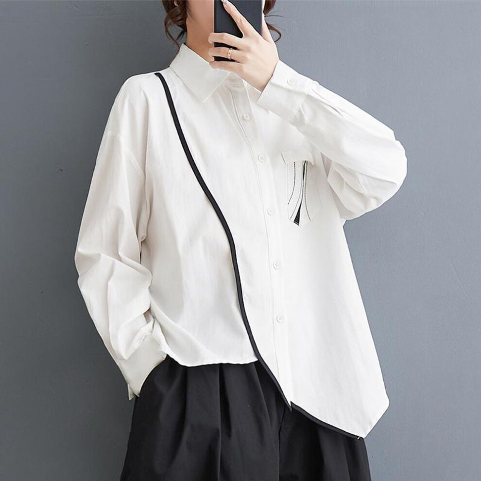 (white, One Size) Dimanaf Women 2024 Plus Size Spring Summer New Shirt Oversized Long Sleeve Loose Basic Black Blouse Button Spliced Irregular Casual Lady Tops